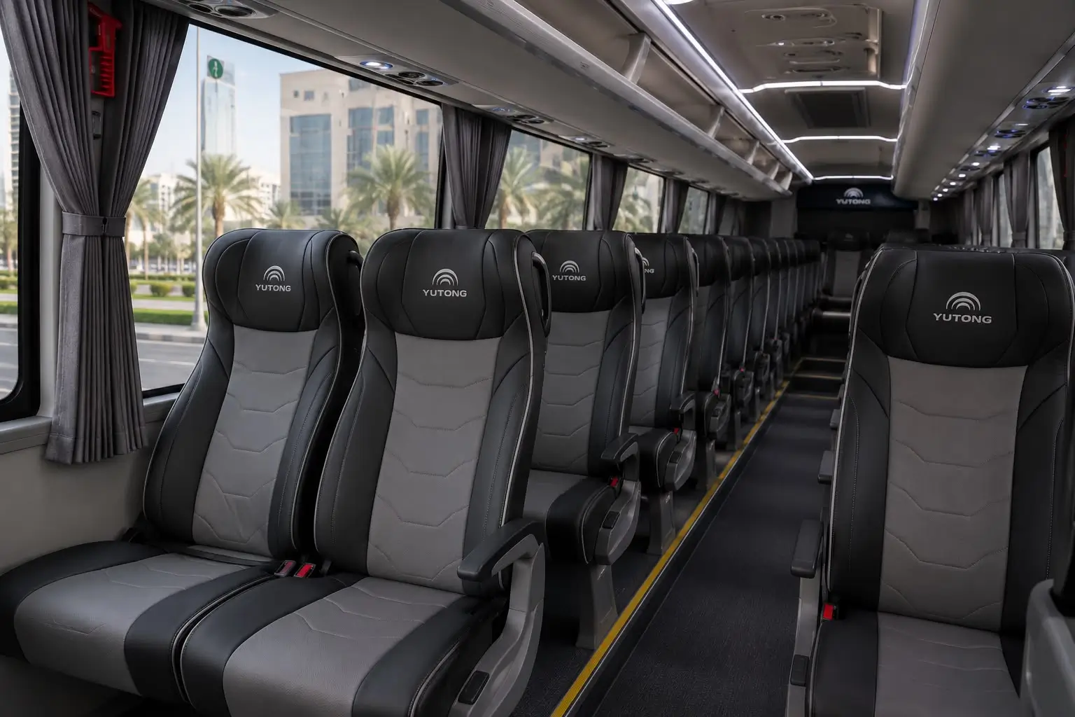 Seats in pairs, with curtains and reading lights