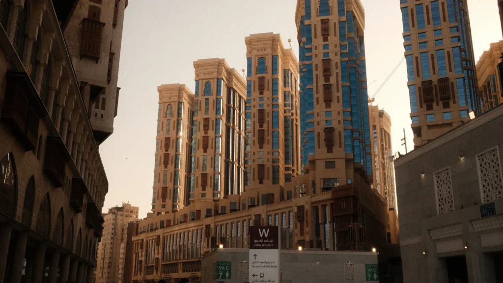Hotel towers next to Masjid al-Haram, Makkah, with people at the bottom of the frame