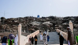 The stairway leading up Jabal al-Rahmah, the summit pillar on the skyline