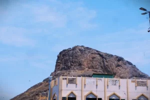Jabal al-Nour, where the Cave of Hira lies near the summit, above a building at its foot