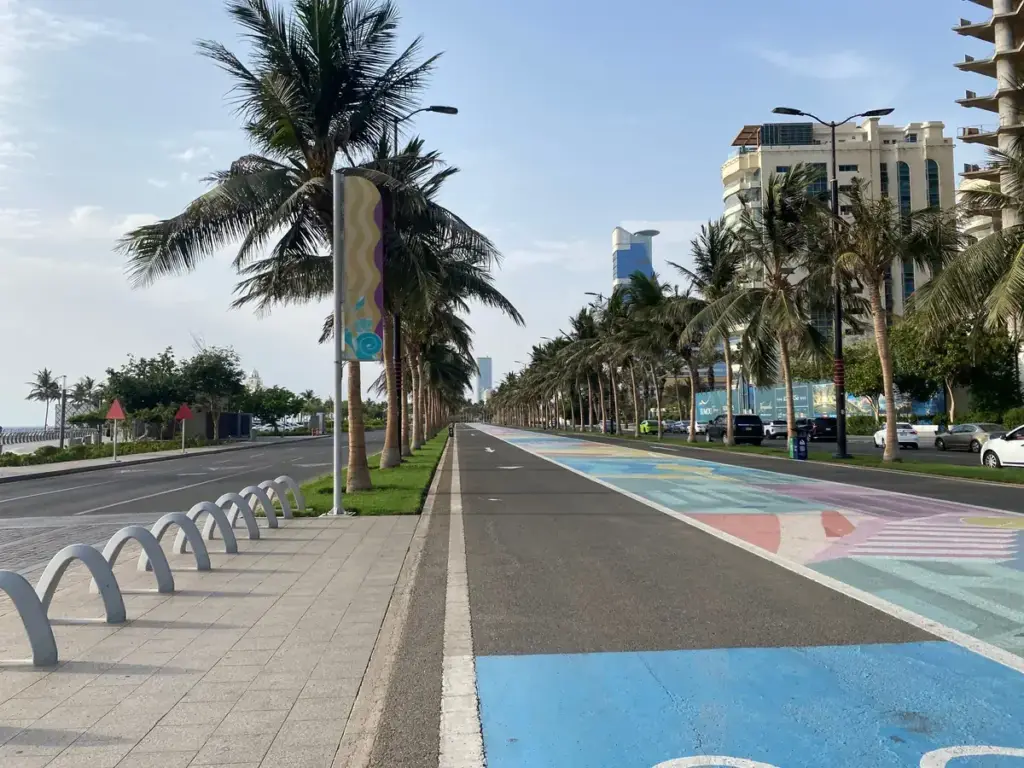The palm lined road and cycle lane along the Jeddah Corniche
