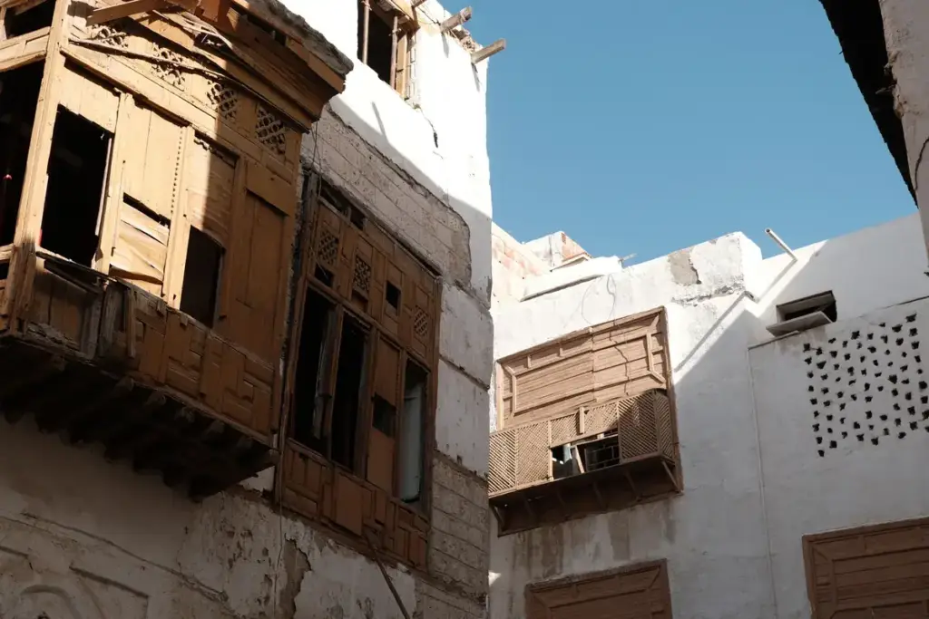 Wooden rawasheen balconies on the old houses of Al Balad, Jeddah
