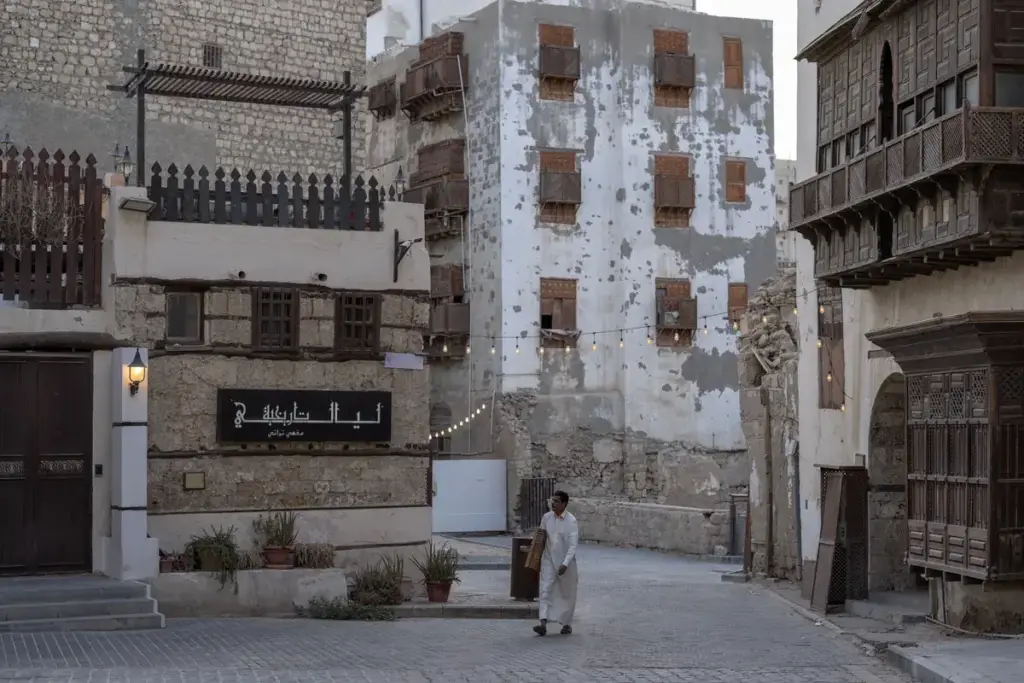A quiet square among restored houses in Al Balad, Jeddah