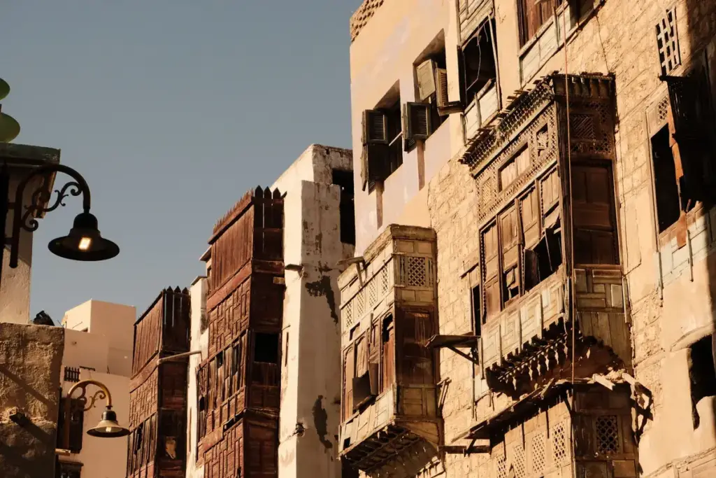 Old coral stone houses with wooden rawasheen balconies in Al Balad, Jeddah