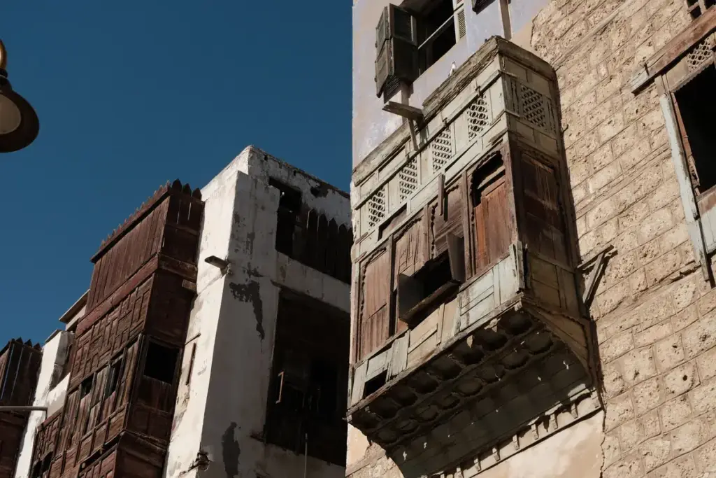 Leaning wooden balconies on old houses in Al Balad, Jeddah