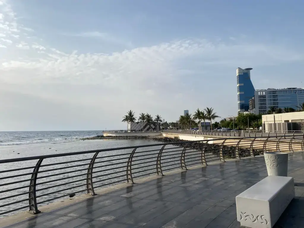 The seafront promenade of the Jeddah Corniche on a bright morning