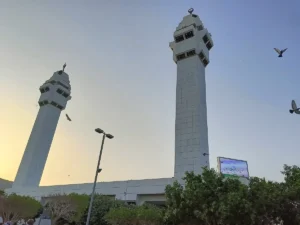 The two square minarets of Masjid Aisha at Taneem