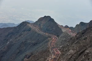 Traffic climbing the switchbacks of the Al Hada road between Makkah and Taif