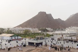 Mount Uhud above the square and the Uhud martyrs area in Madinah
