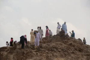 Visitors on the top of the archers hill, Jabal al-Rumah, at Uhud